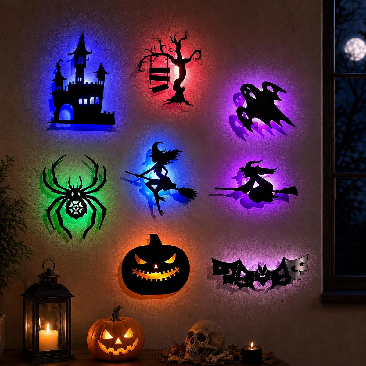 8 PCS Halloween LED Wall Lights, Light up Bat Silhouette Decorations