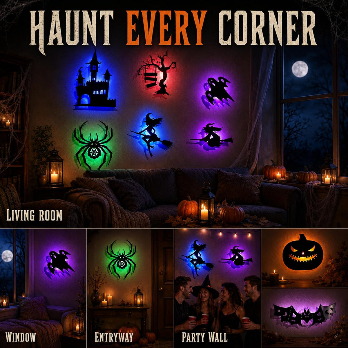 8 PCS Halloween LED Wall Lights, Light up Bat Silhouette Decorations