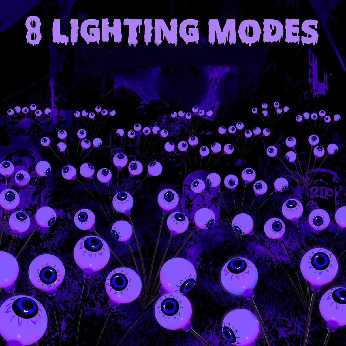 Halloween Outdoor Decorations, 2 Pack 16 LED Eyeball Solar Garden Lights, 8 Modes Scary Halloween Lights Waterproof for Yard Garden Lawn Pathway Party Decorations (Purple)