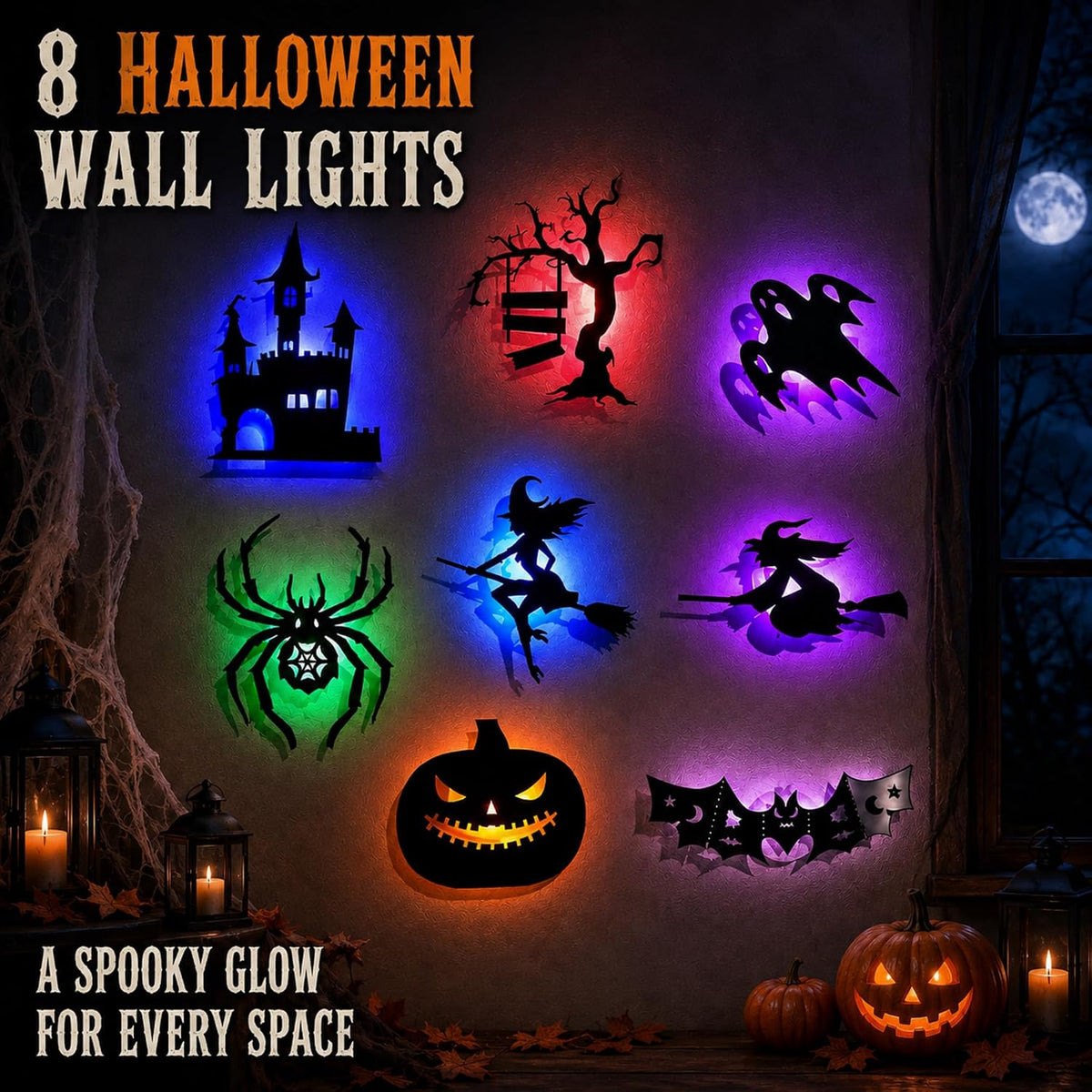 8 PCS Halloween LED Wall Lights, Light up Bat Silhouette Decorations