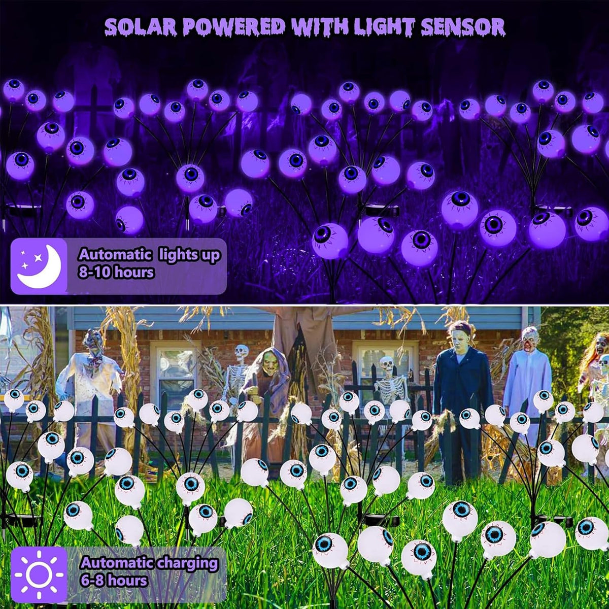 Halloween Outdoor Decorations, 2 Pack 16 LED Eyeball Solar Garden Lights, 8 Modes Scary Halloween Lights Waterproof for Yard Garden Lawn Pathway Party Decorations (Purple)